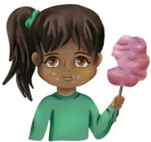 Niña de cabello castaño que huele con los ojos cerrados una flor roja (ejemplo de olor agradable).