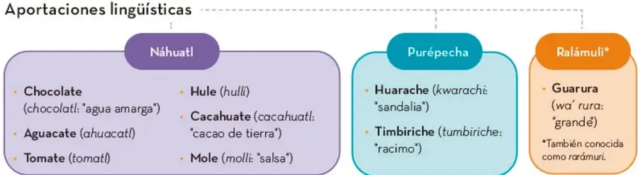 Esquema de Aportaciones lingüísticas con tres recuadros: Náhuatl (morado), Purépecha (turquesa) y Ralámuli (naranja), con palabras y sus significados.