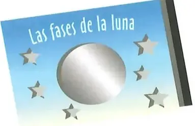 Modelo de una lámina decorada con el título Las fases de la luna, estrellas y un círculo plateado.