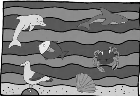Collage modelo con delfín, tiburón, pez, cangrejo, gaviota y concha sobre fondo marino azul con olas.