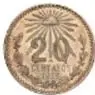 Fotografía del reverso de una moneda mexicana de veinte centavos de 1905, con ficha numismática de la Casa de Moneda de México.