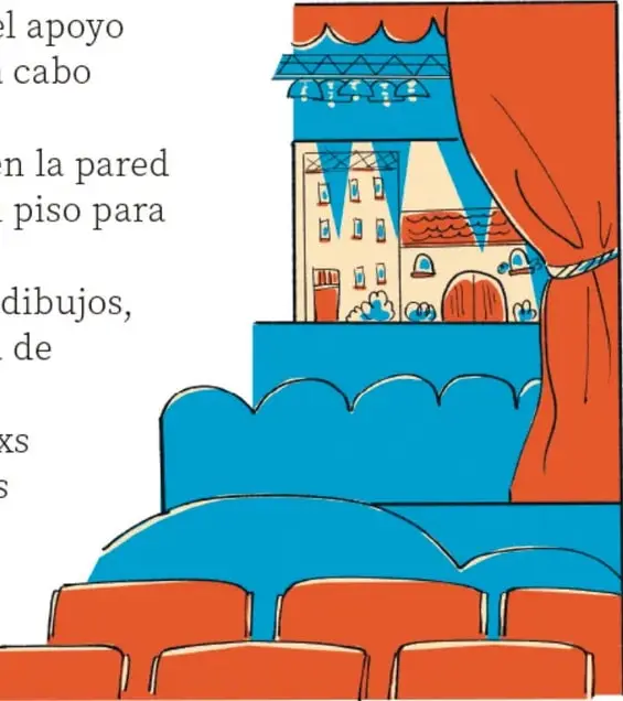 Ilustración de un auditorio o teatro escolar con butacas rojas, cortina roja y una escena de edificios coloreada en azul y naranja; crédito: Brenda Flores Ramírez, Puebla.