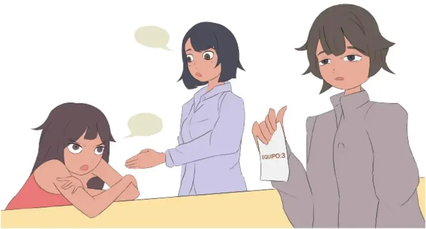 Ilustración de estilo anime (crédito: krampusZERO, PUEBLA) que muestra a tres estudiantes: una sentada con los brazos apoyados en un escritorio y expresión aburrida o reflexiva, otra de pie con gesto de asombro o hablando, y una tercera sosteniendo una hoja o cartel que dice 'EQUIPO 3'. Representa la dinámica de trabajo en equipo durante el proyecto.