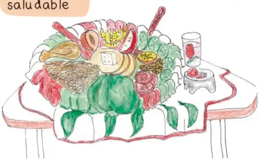 Ilustración de una mesa con una fuente de frutas, verduras, agua y alimentos naturales, con la etiqueta «Refrigerio saludable».