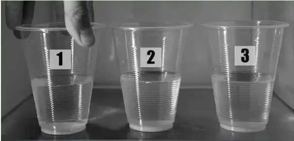 Fotografía de tres vasos plásticos transparentes rotulados con los números 1, 2 y 3, llenos de agua y ubicados en el interior de un congelador.