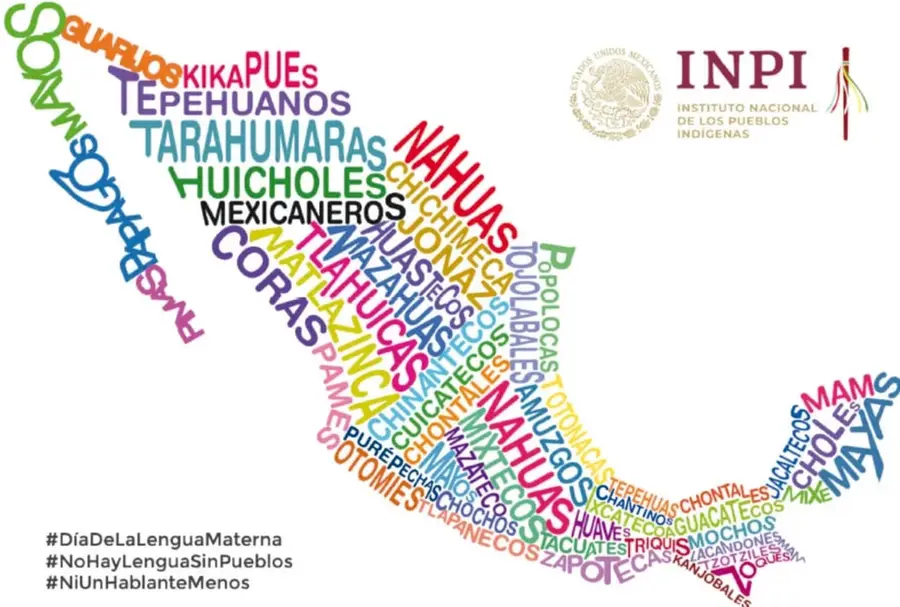 Mapa de México formado por una nube de palabras con los nombres de los pueblos y lenguas indígenas, de distintos colores y tamaños, que refleja la distribución territorial de las familias lingüísticas.