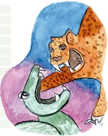Ilustración en acuarela de un jaguar y un cocodrilo entrelazados, evocando el mito fundacional de México Tenochtitlán. Crédito: Festus, Ciudad de México.