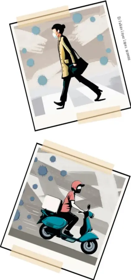 Ilustración enmarcada: una mujer vista de espaldas frente a una rueda o volante con corazones rojos y figuras de virus verdes, como símbolo del cuidado y la responsabilidad.