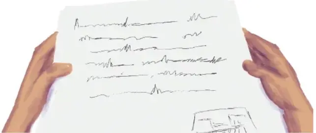 Manos sosteniendo una hoja con anotaciones manuscritas y un pequeño dibujo de una casa o edificio.