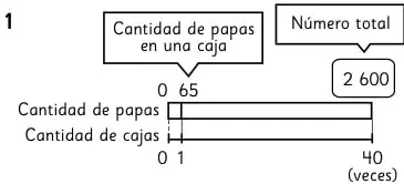 Esquema de barras con 65 papas por caja, 40 cajas y total 2600 papas.