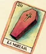 Carta de la baraja española con la figura de un ataúd y la palabra 'LA MUERTE'.