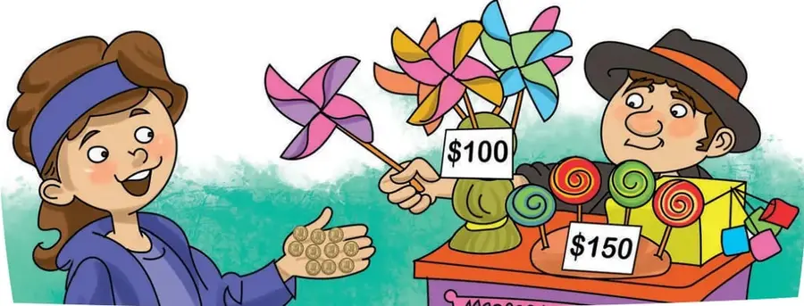 Cuatro grupos de monedas de $10 (1, 2, 3 y 4 monedas) con flechas hacia recuadros para escribir el valor; el primero ya muestra $10.