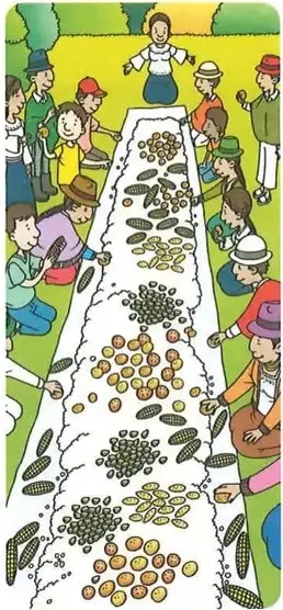 Ilustración de varias personas alrededor de una tela extendida en el suelo, donde comparten alimentos de una pambamesa.
