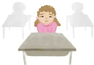 Ilustración de una niña triste sentada en un pupitre, con dos siluetas de compañeros al fondo.