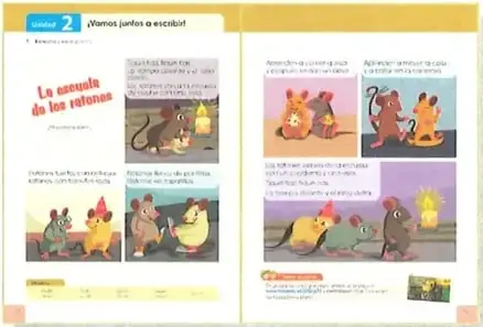 Doble página de apertura de una unidad con el título «¿Vamos juntos a escribir?» y escenas ilustradas de un texto literario.