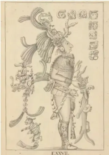 Ilustración de un personaje prehispánico con tocado y elementos rituales, similar a un códice.
