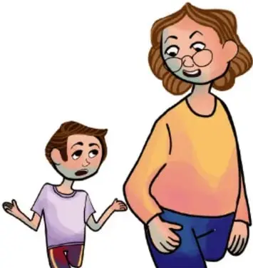 Una adulta con gafas hablando con un niño que muestra incomodidad