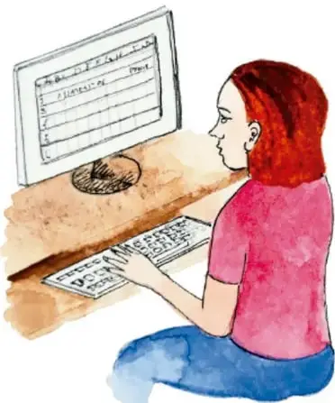 Ilustración de una persona sentada frente a una computadora de escritorio, escribiendo en el teclado y observando una hoja de cálculo en la pantalla.