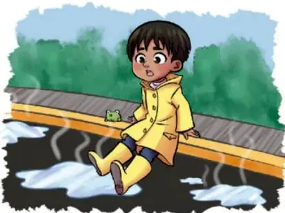 Ilustración de un niño con impermeable amarillo sentado junto a un charco, observando el agua.