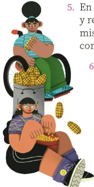 Ilustración de miembros de la comunidad: mujer en silla de ruedas comiendo esquites, abuela con plato y un niño que carga elotes en un costal.