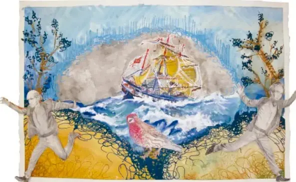 Ilustración al estilo de un cuaderno de viaje: el barco entre olas, con un pájaro rojo, figuras humanas y árboles en los bordes.