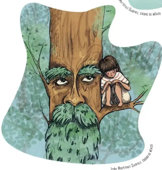 Ilustración de un árbol con rostro humano de barba verde; en una de sus ramas está sentada una niña con vestido de rayas. Firmada por Irán Martínez Suárez, Ciudad de México.