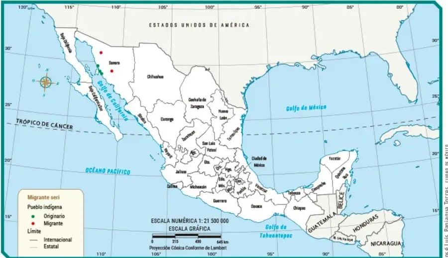 Mapa titulado "Ubicación originaria de los seris y lugares de migración": mapa de México con puntos verde (originario) y rojo (migrante seri) en la costa de Sonora; leyenda, escala numérica 1:21 500 000, escala gráfica y proyección cónica conforme de Lambert. Fuente: José Luis Palafox, Tlamatini, México.