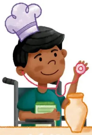 Ilustración de un niño disfrazado de chef y médico con estetoscopio y jarra.