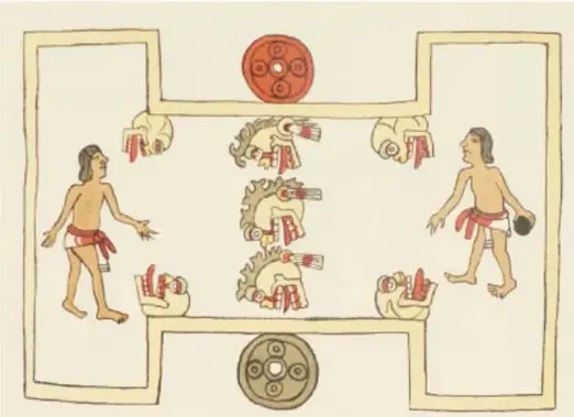 Ilustración en estilo de códice: cancha rectangular con dos marcadores circulares (uno rojo y uno verde con decoración) y dos jugadores de pelota enfrentados en distintos lados.
