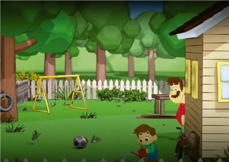 Ilustración de un patio con árboles, columpio, niño con regadera, hombre asomado en una casa de madera, bicicleta y balón de fútbol.