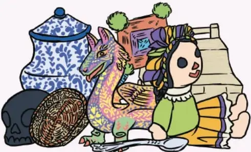 Ilustración de artesanías mexicanas (ollas, textiles, figura) de Sarid Amisadai Limón Huerta, Baja California
