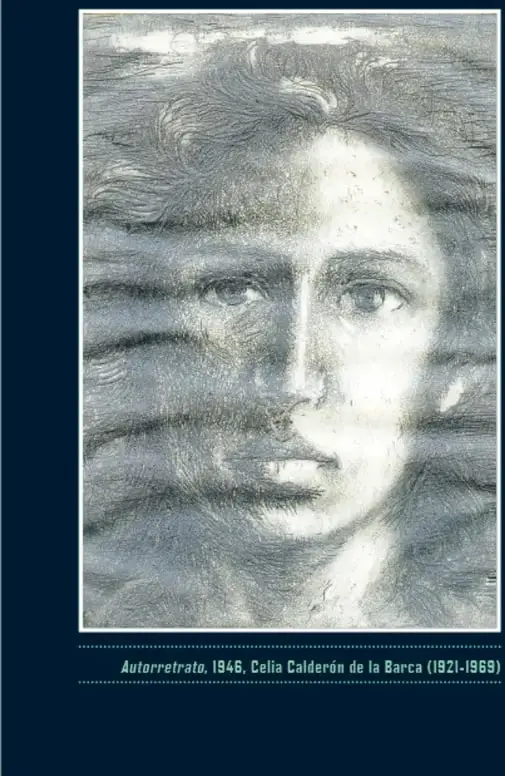 Reproducción del *Autorretrato* de Celia Calderón (1946): rostro femenino dibujado a lápiz o carboncillo, con trazos sueltos y expresivos, mirada directa y gesto melancólico. Debajo aparece la leyenda: Autorretrato, 1946, Celia Calderón de la Barca (1921-1969).