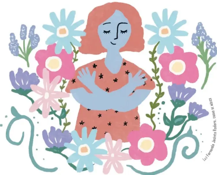 Ilustración de una persona de cabello rojizo y rostro azul con los brazos cruzados sobre el pecho, rodeada de flores moradas, rosas y celestes. Transmite autocuidado y serenidad. Crédito: Luz Fernanda Jácinto Róden, Ciudad de México.