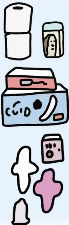 Ilustraciones de toallas higiénicas, un cepillo y un recipiente.