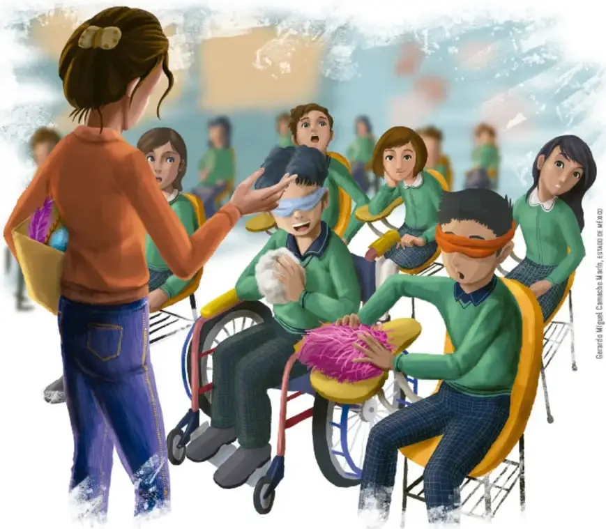 Ilustración de una maestra con una bolsa de objetos acercándose a un grupo de estudiantes. Dos estudiantes tienen los ojos cubiertos y manipulan objetos: uno sostiene algodón y otro una esponja rosa. Un estudiante usa silla de ruedas. Los demás compañeros observan.