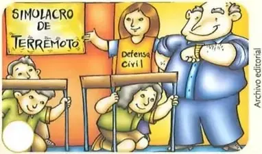 Personas participan en un simulacro de terremoto y se protegen debajo de sus mesas.