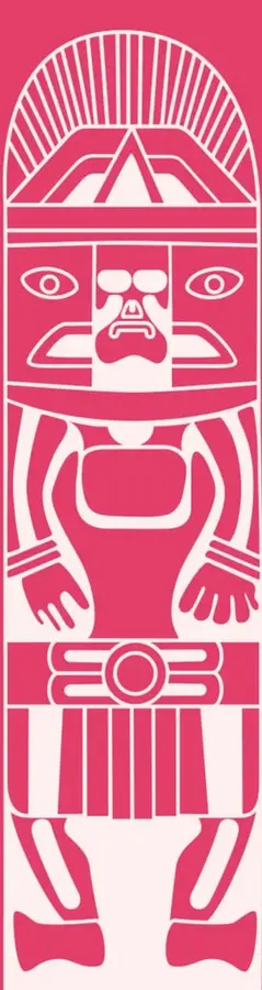 Ilustración estilizada en color rosa y blanco de una escultura prehispánica antropomorfa, posiblemente inspirada en un atlante tolteca o una deidad mesoamericana.