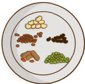 Plato con proteínas: pollo, pescado, queso, frijoles y vaso de leche.