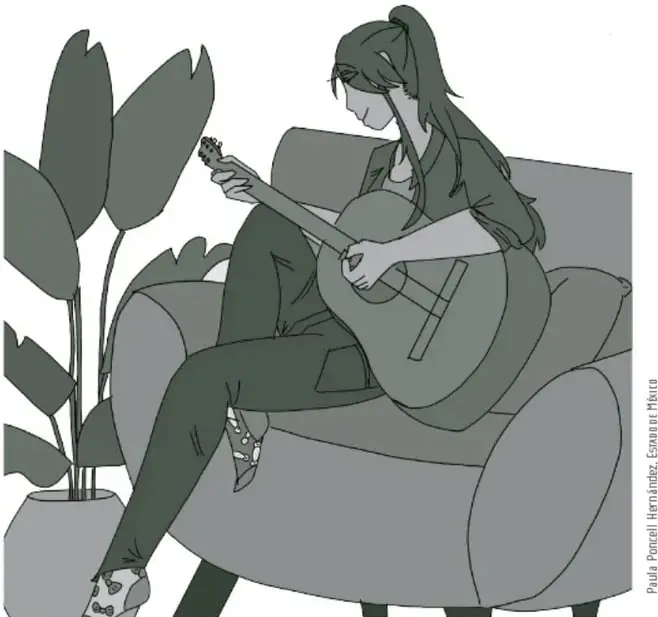 Ilustración de una joven sentada en un sillón tocando la guitarra, junto a una planta en maceta.