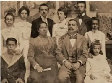 Fotografía antigua en blanco y negro de una familia numerosa posando formalmente, con hombres, mujeres y niños vestidos de época; ilustra el modelo familiar tradicional asociado al patriarcado.