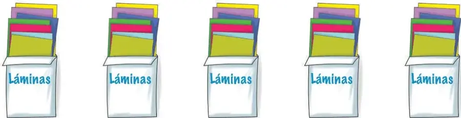 Cinco cajas o paquetes rotulados 'Láminas' con pilas de tarjetas de colores dentro.