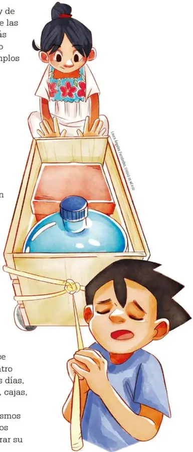 Ilustración de un carro transportador hecho con caja de madera o cartón, con un botellón azul en su interior y ruedas pequeñas, jalado por un niño con un palo y cordel.
