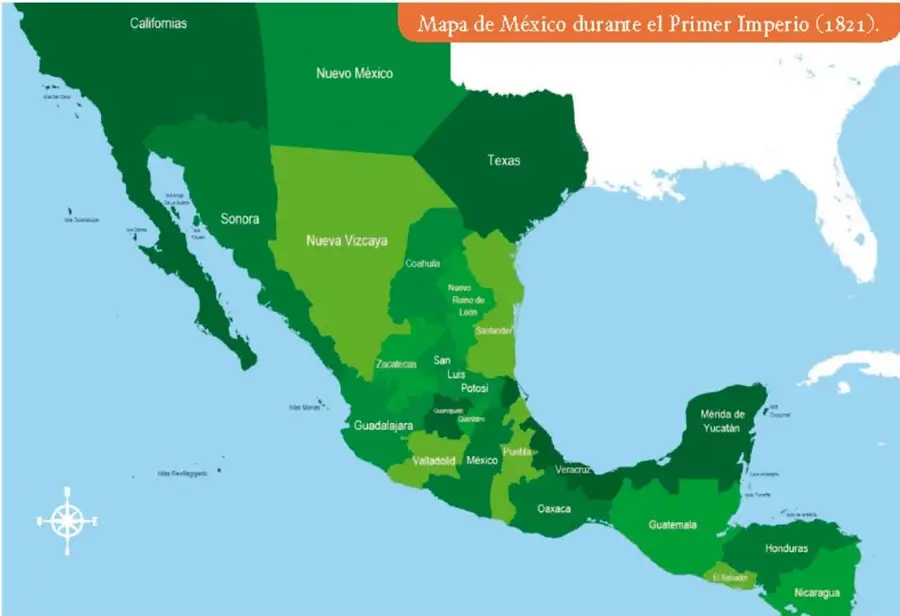 Mapa de México durante el Primer Imperio (1821) con los territorios de California, Nuevo México, Texas, Sonora, Nueva Vizcaya, Coahuila, Nuevo Reino de León, Santander, Zacatecas, San Luis Potosí, Guanajuato, Querétaro, Guadalajara, Valladolid, México, Puebla, Veracruz, Oaxaca, Mérida de Yucatán, Guatemala, Honduras, El Salvador y Nicaragua.