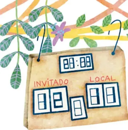 Cartel de papel con un reloj digital y recuadros que dicen INVITADO y LOCAL, simulando un marcador de partido.