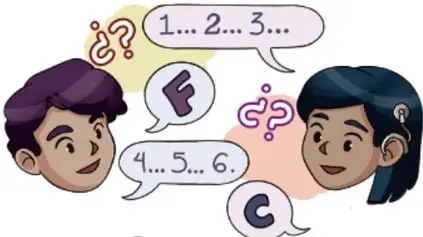 Ilustración de dos estudiantes conversando con globos de diálogo que contienen números y signos de interrogación, representando el intercambio de preguntas y respuestas.