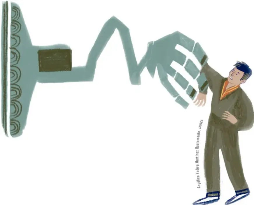 Ilustración de una gran mano mecánica verde sosteniendo a un hombre, con una torre al fondo.