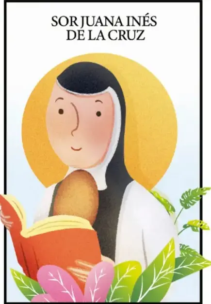 Ilustración de Sor Juana Inés de la Cruz leyendo un libro, con halo amarillo y hojas decorativas; crédito: Karina Eréndira Pérez Olmos, Michoacán.