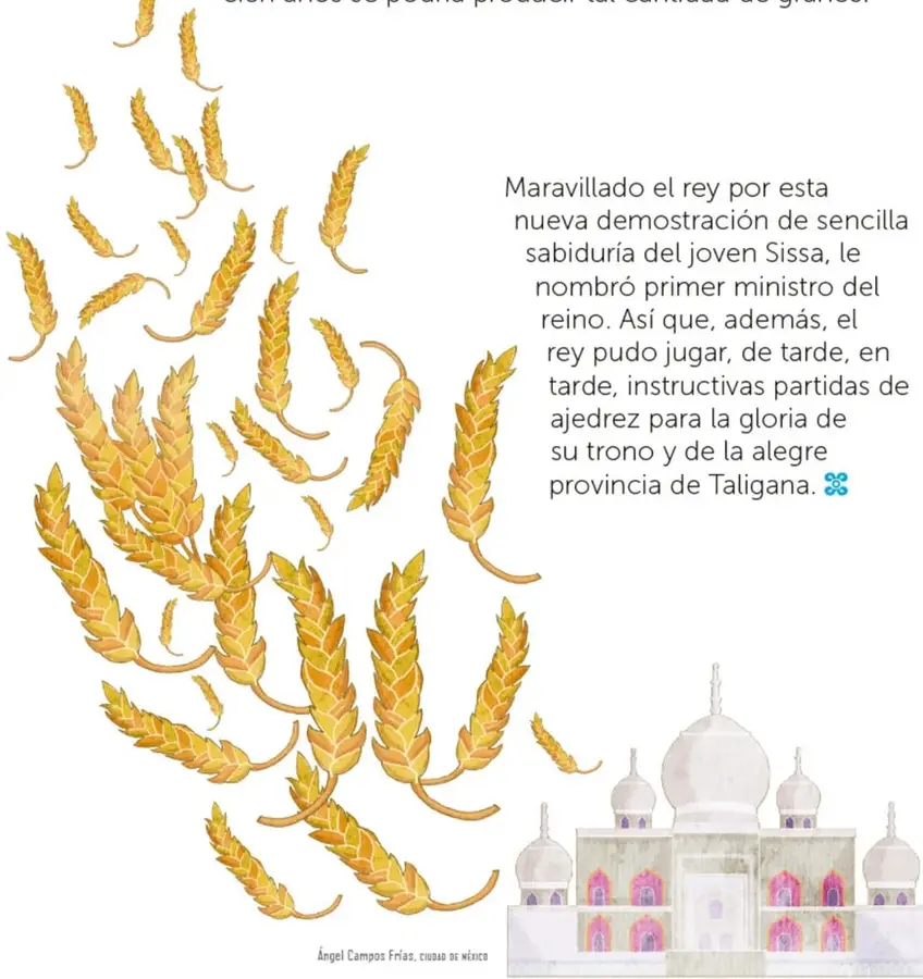Muchas espigas de trigo doradas flotando y cayendo, como lluvia de granos que recuerda la petición de Sissa.