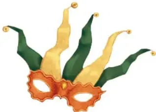 Dibujo de una máscara de carnaval con cintas onduladas en tonos naranja, verde y amarillo.