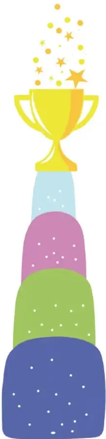 Ilustración de un trofeo dorado sobre una torre de bloques de colores (azul, verde, rosa y celeste) con estrellas y puntos, que simboliza el logro del proyecto.